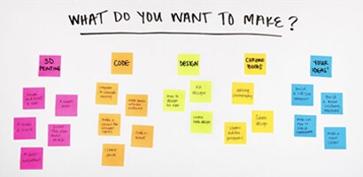 Post-it® super sticky notes on board in columns of each colour denoting what does the student want to make subjects like design code your ideas 3d printing notes break down in more detail helps student think more critically